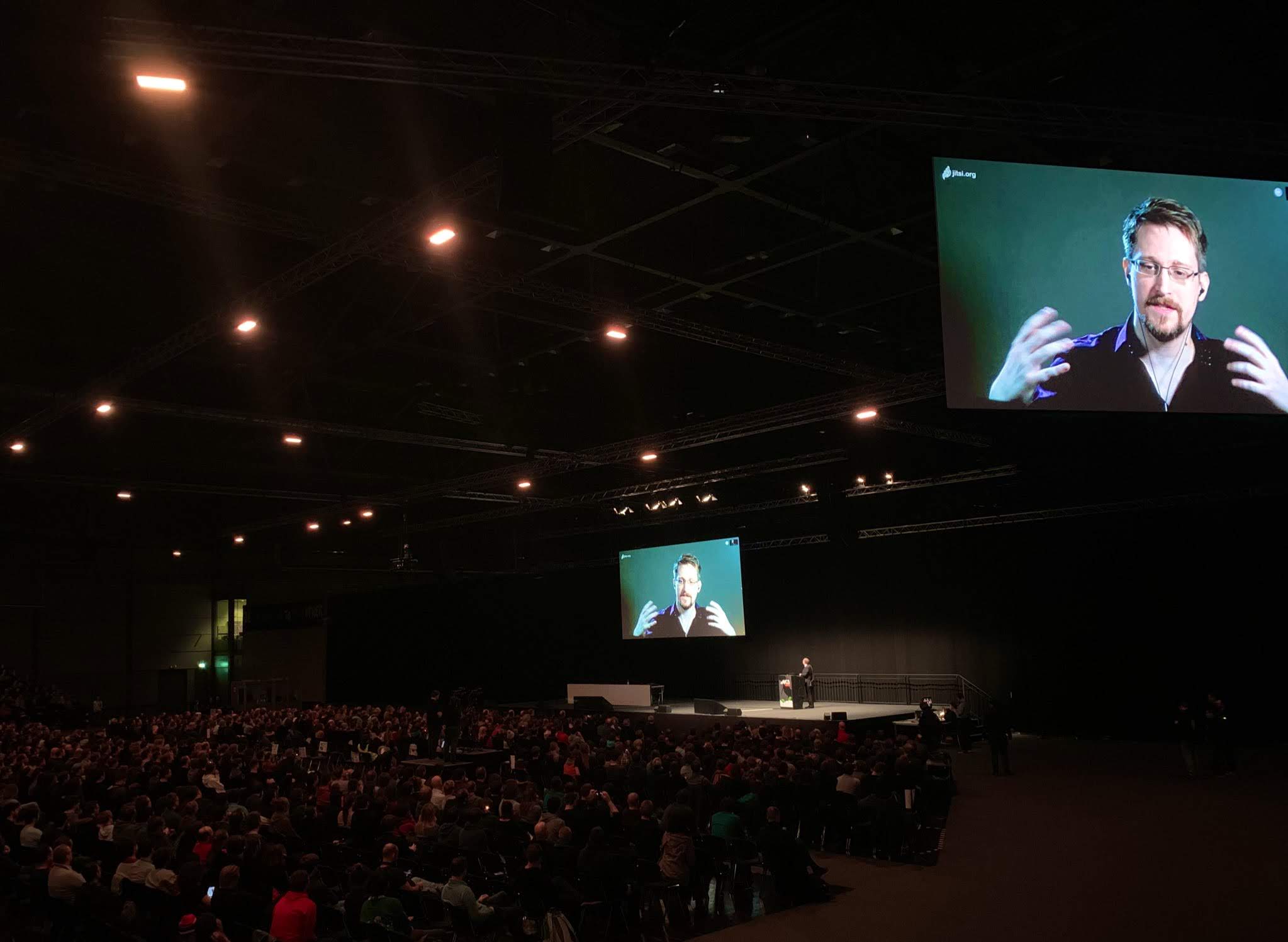 Snowden speaking at the 36C3 conference